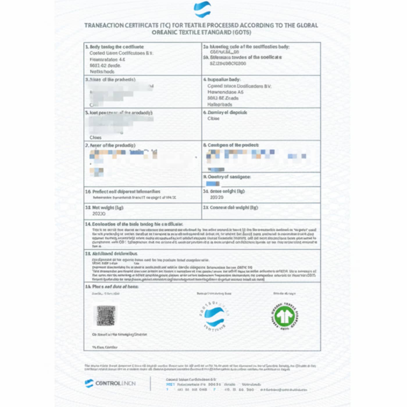 GOTS transaction certificate document for organic linen
