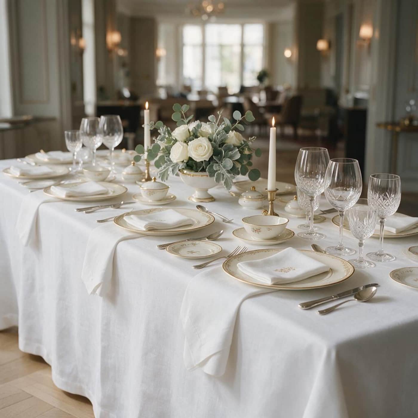 Formal fine dining banquet table with white linen tablecloths, folded napkins, and multiple wine glasses