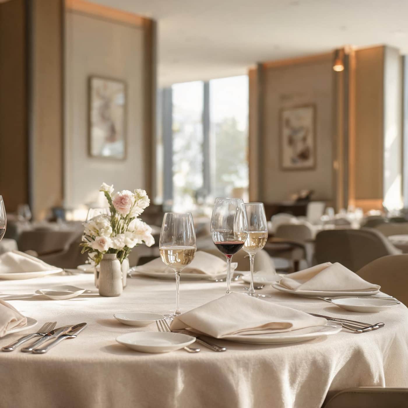 Elegant fine dining restaurant with white linen tablecloth, folded napkins, wine glasses and floral centerpiece in a bright modern dining room