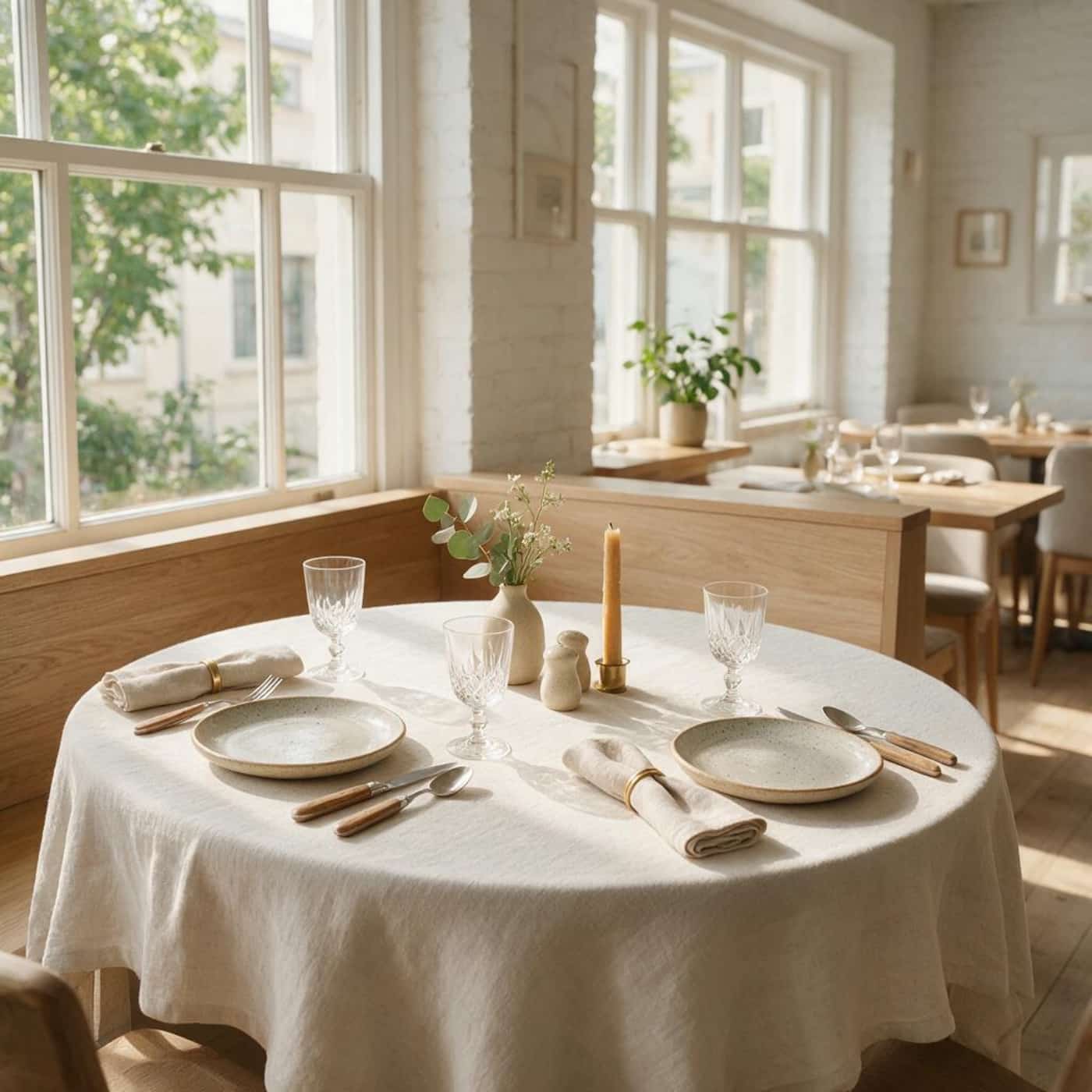 Elegant fine dining restaurant with white linen tablecloth, folded napkins, wine glasses and floral centerpiece in a bright modern dining room
