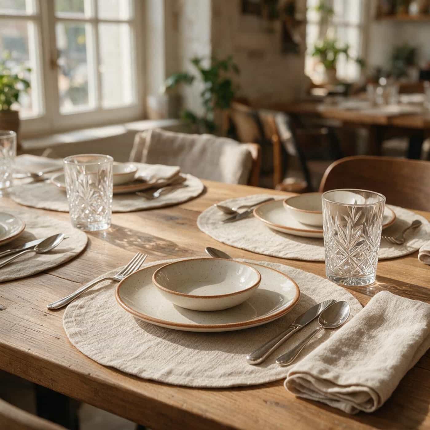 Round European linen placemats creating an elegant hospitality table presentation
