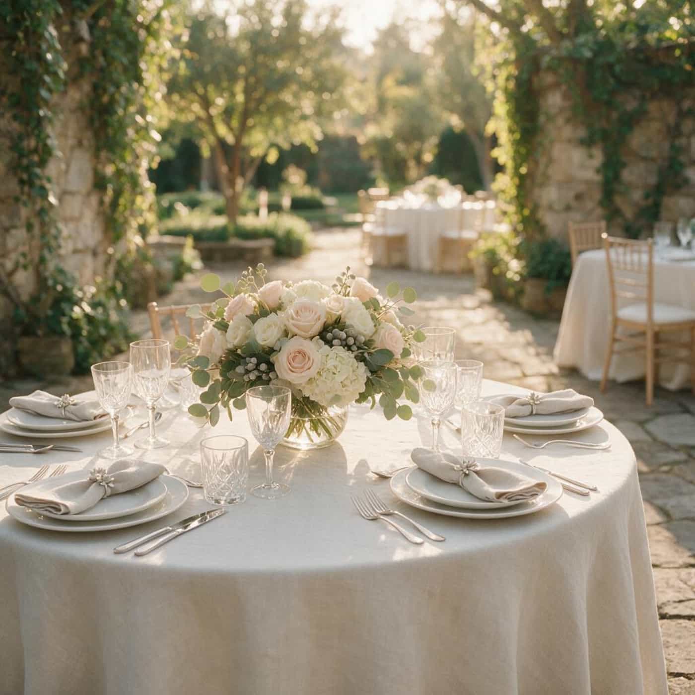 Round European linen tablecloth designed for weddings and hospitality events