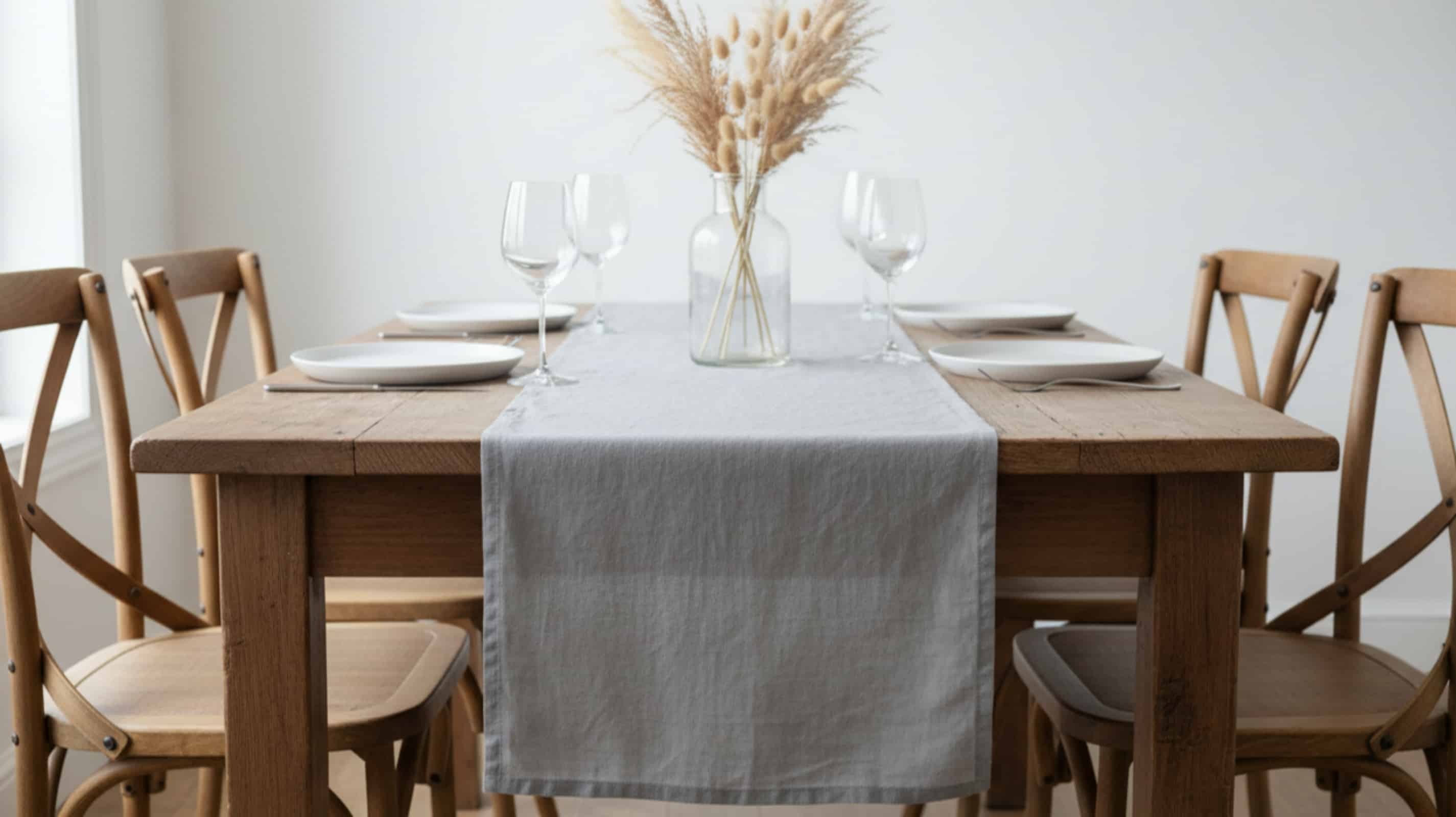 Light grey linen table runner on wood table with rose wine and pampas