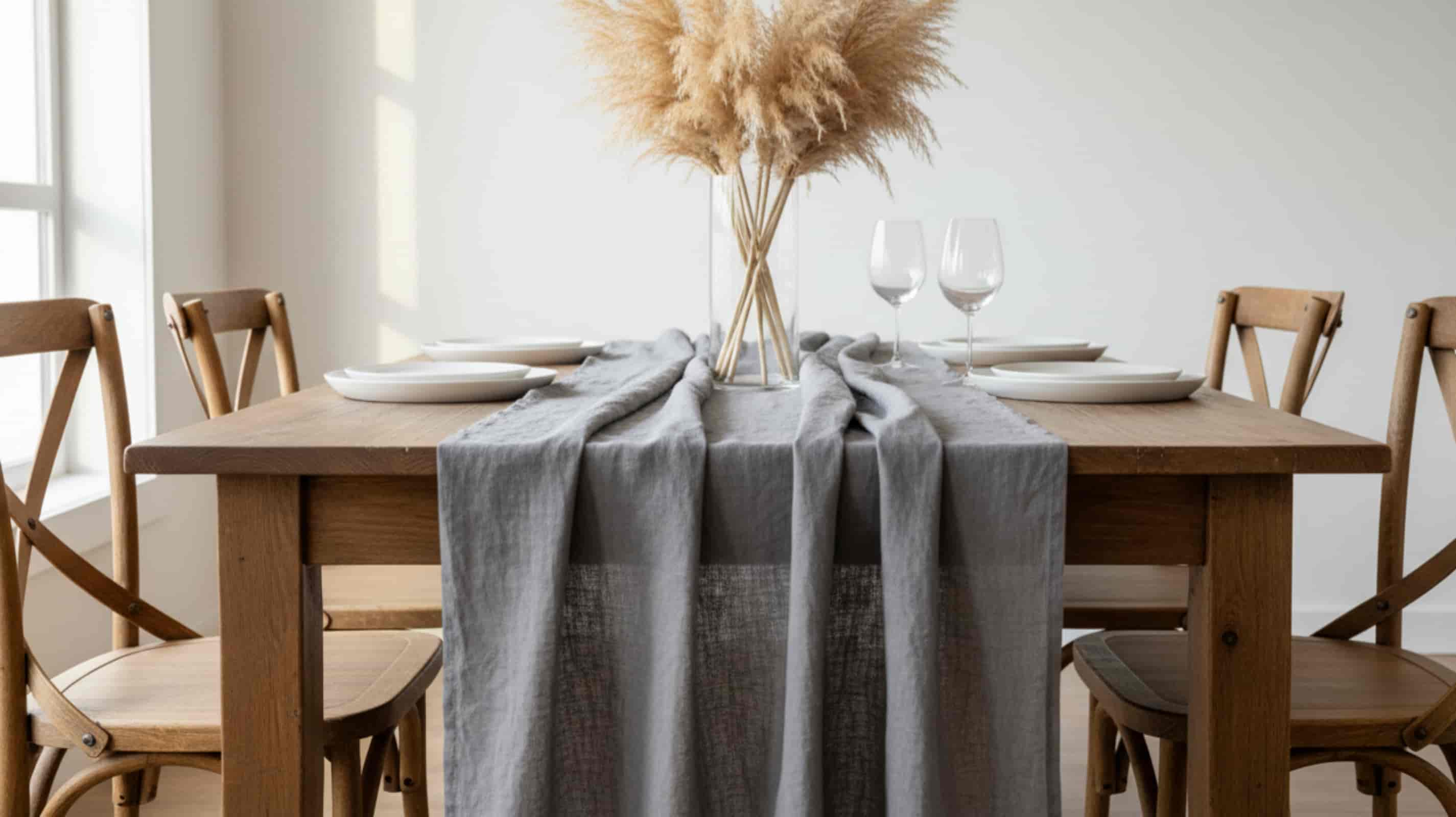 Middle grey linen table runner on wood table with rose wine and pampas