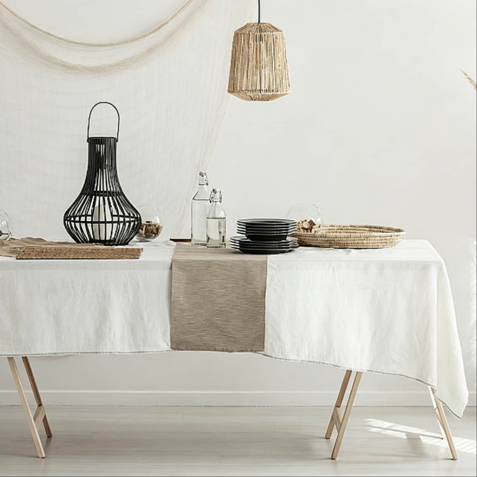 Natural linen table runner on white tablecloth with Nordic minimal black plates