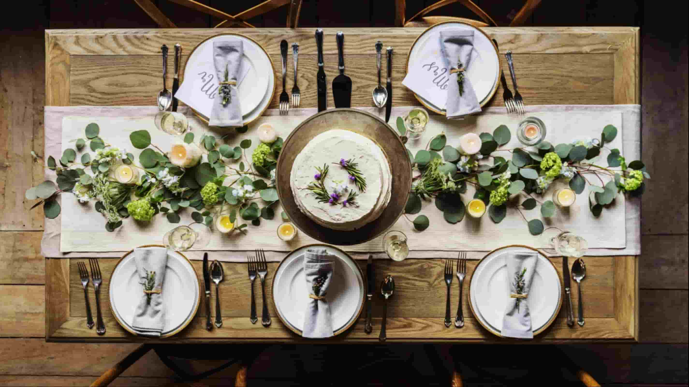 White linen table runner at wedding banquet overhead with eucalyptus
