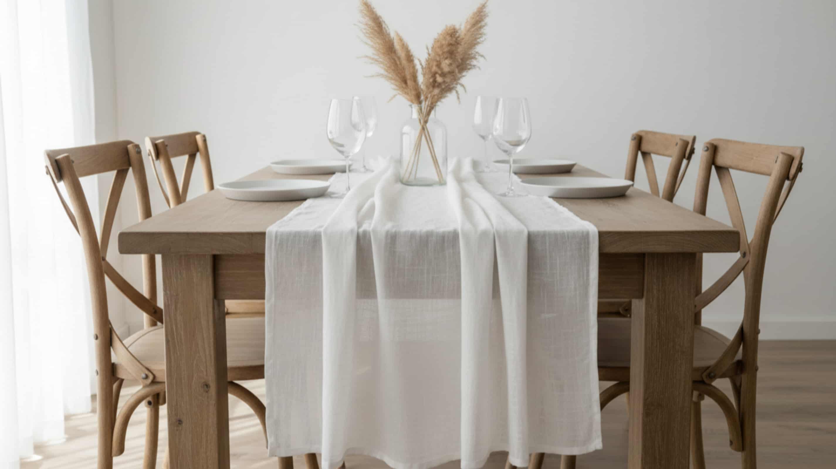 White washed linen table runner on wood dining table with white plates, wine glasses and pampas grass centerpiece, minimalist style