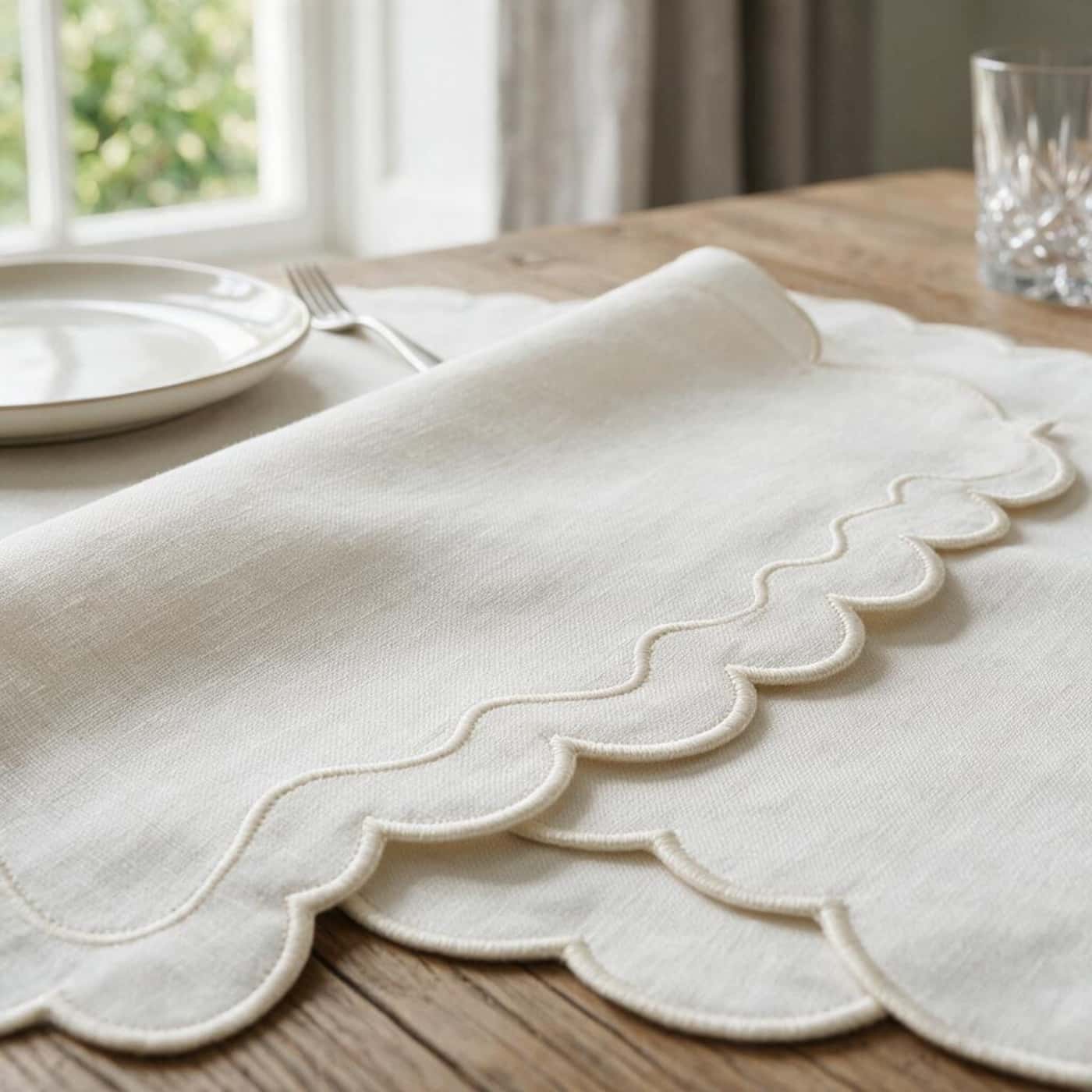 Scalloped European linen placemat with decorative edge detail for premium dining