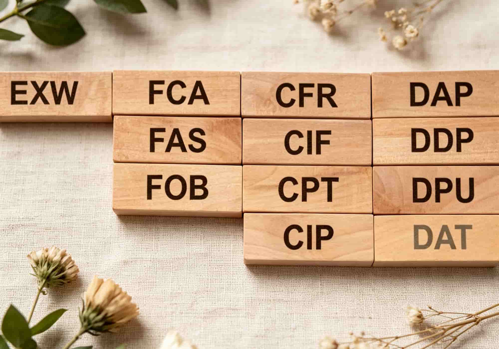 Incoterms EXW FOB DDP options displayed with wooden blocks