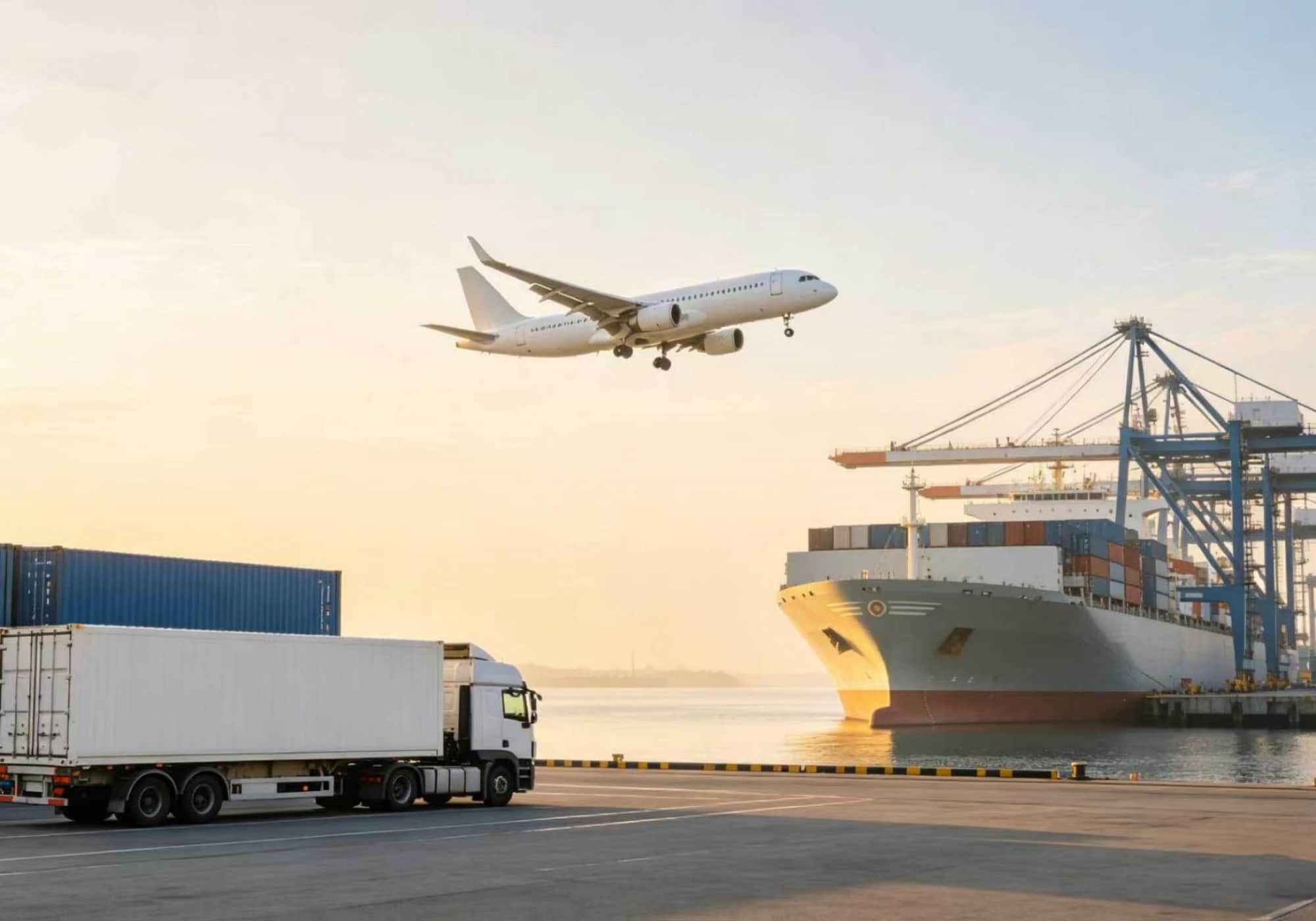 Multimodal transport options: port airplane vessel and truck