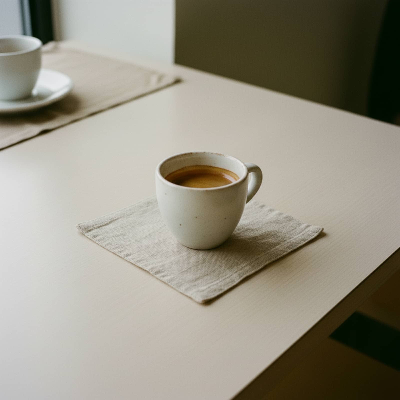 Natural wholesale linen coaster and napkin under espresso cup in minimal cafe setting