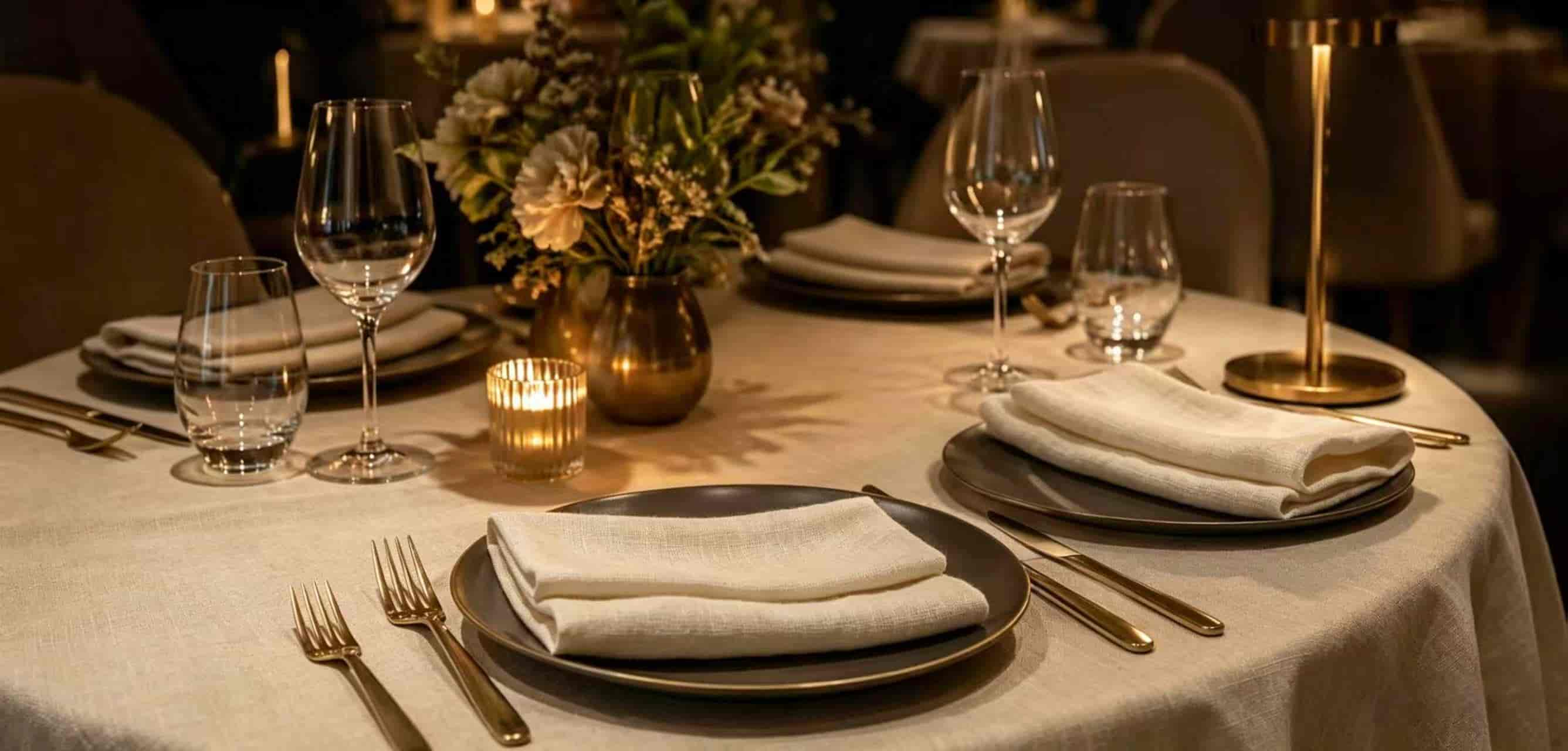 Washed linen napkin folded on dark plate with gold cutlery and candlelight in moody restaurant setting
