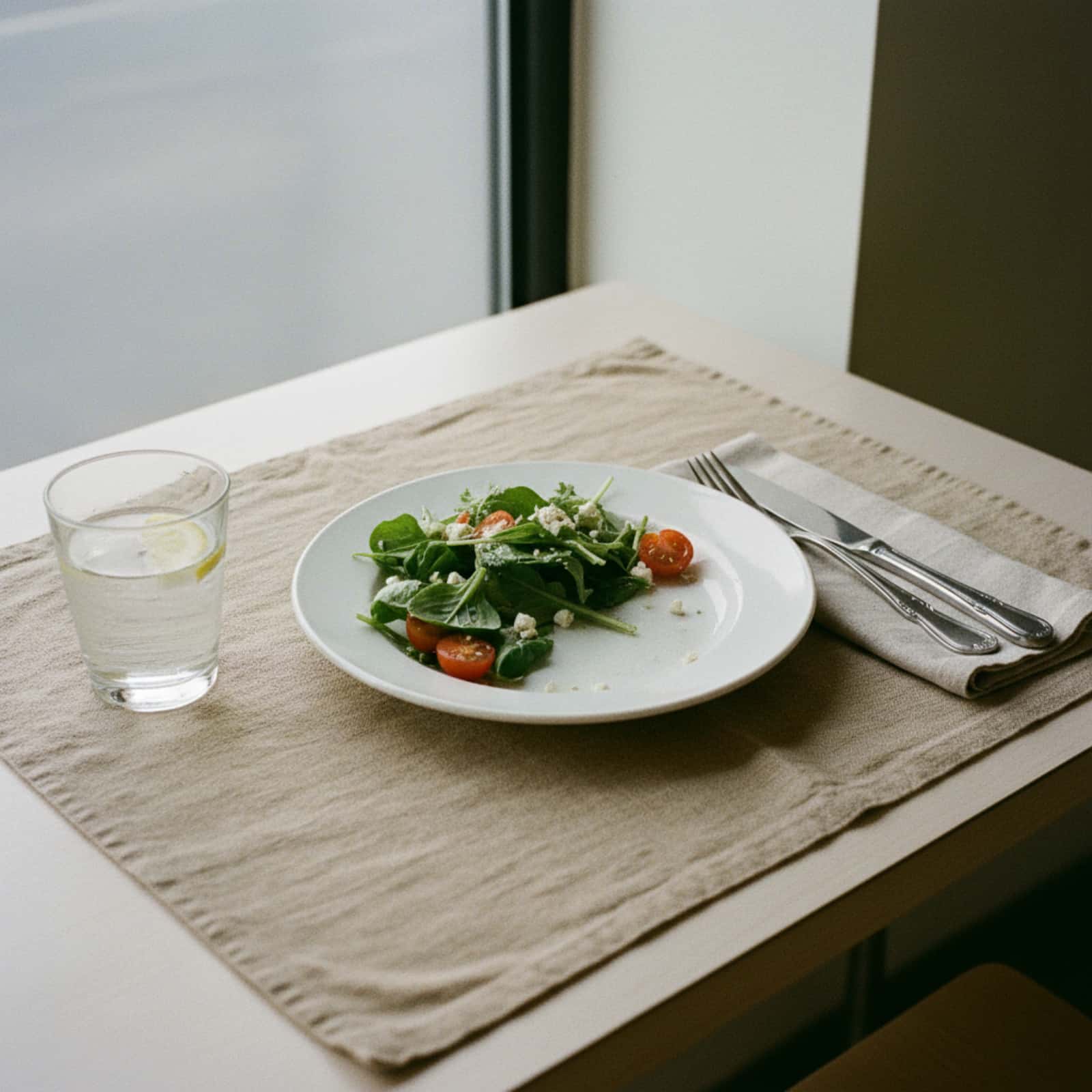 Washed linen placemat in natural beige under salad plate and water glass on minimalist dining table by window