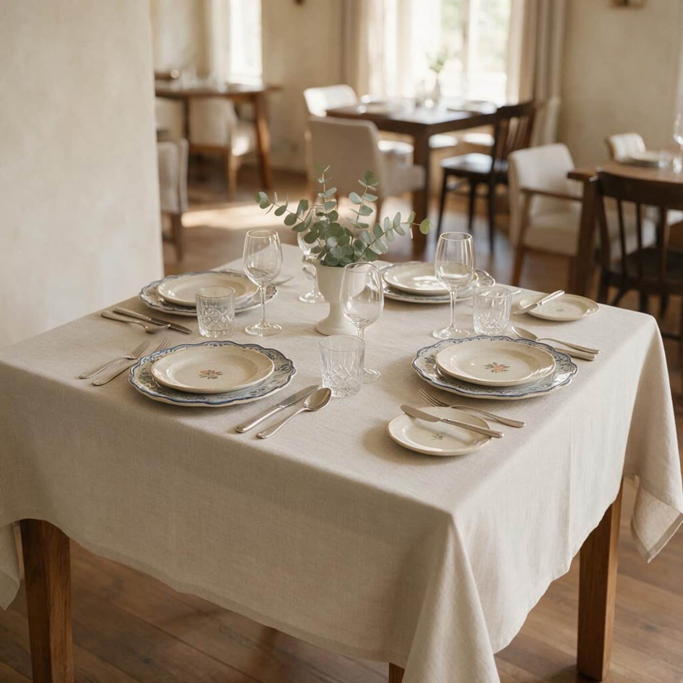 Square European linen tablecloth styled for an elegant restaurant dining setting