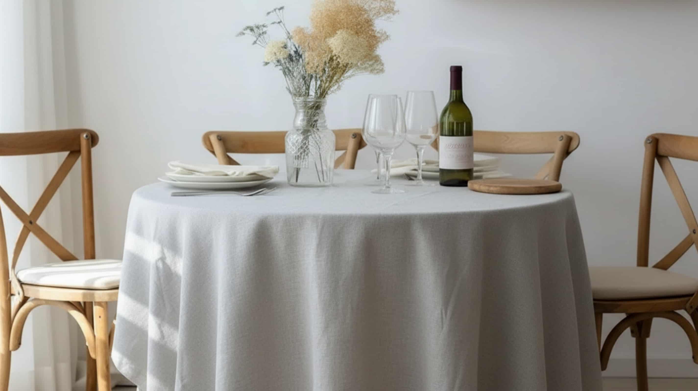 Light grey linen tablecloth on round table in wine restaurant