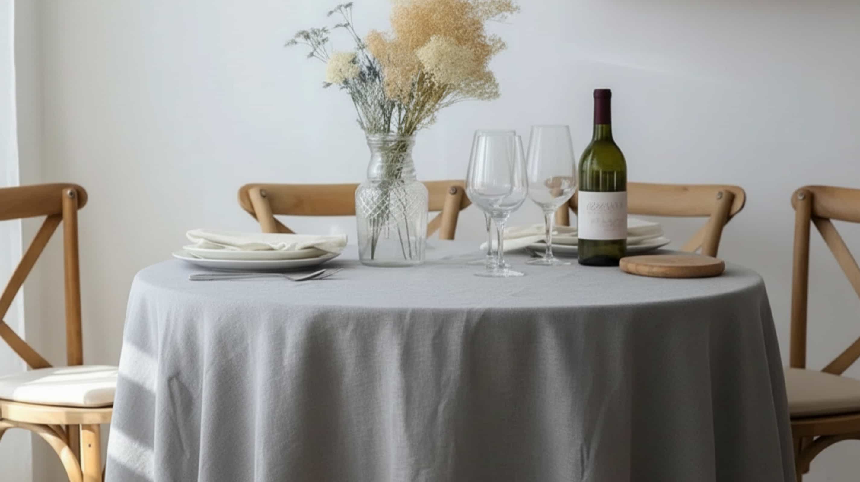 Middle grey linen tablecloth on round table in wine restaurant