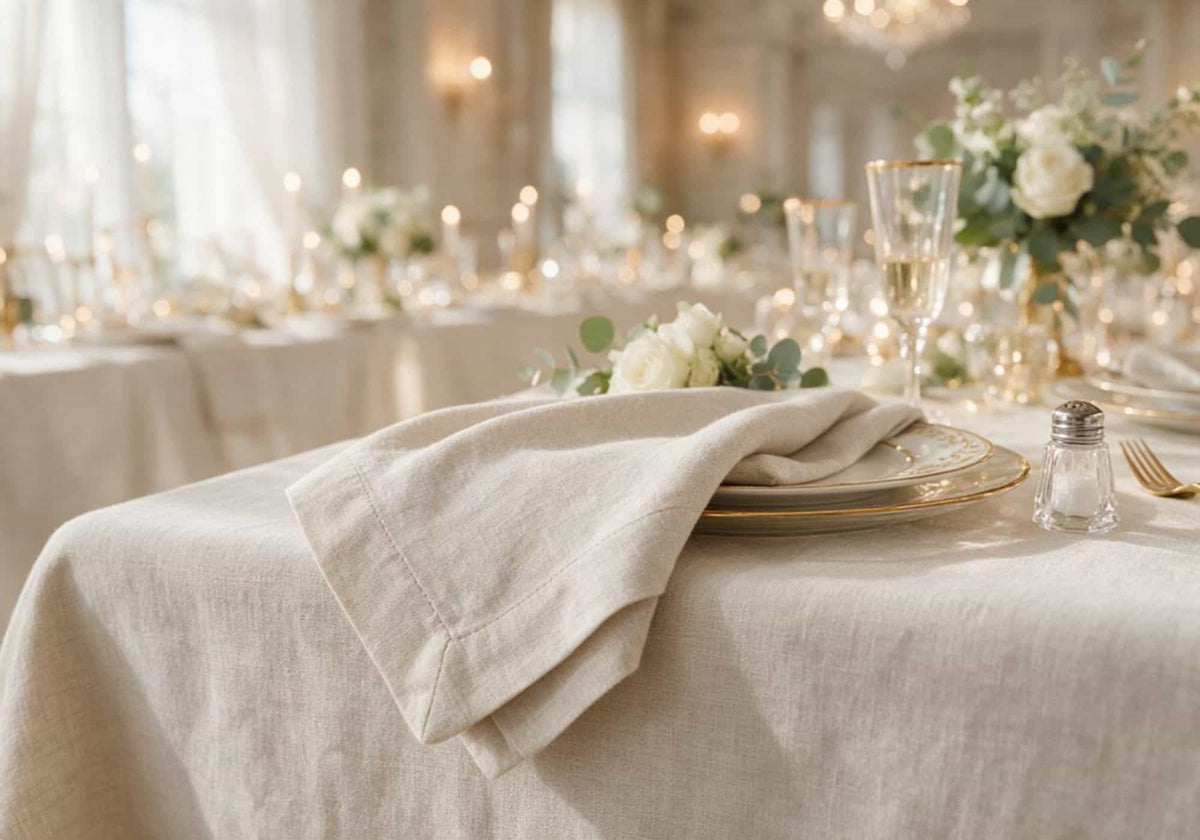 Close-up of premium European linen styled for luxury wedding reception