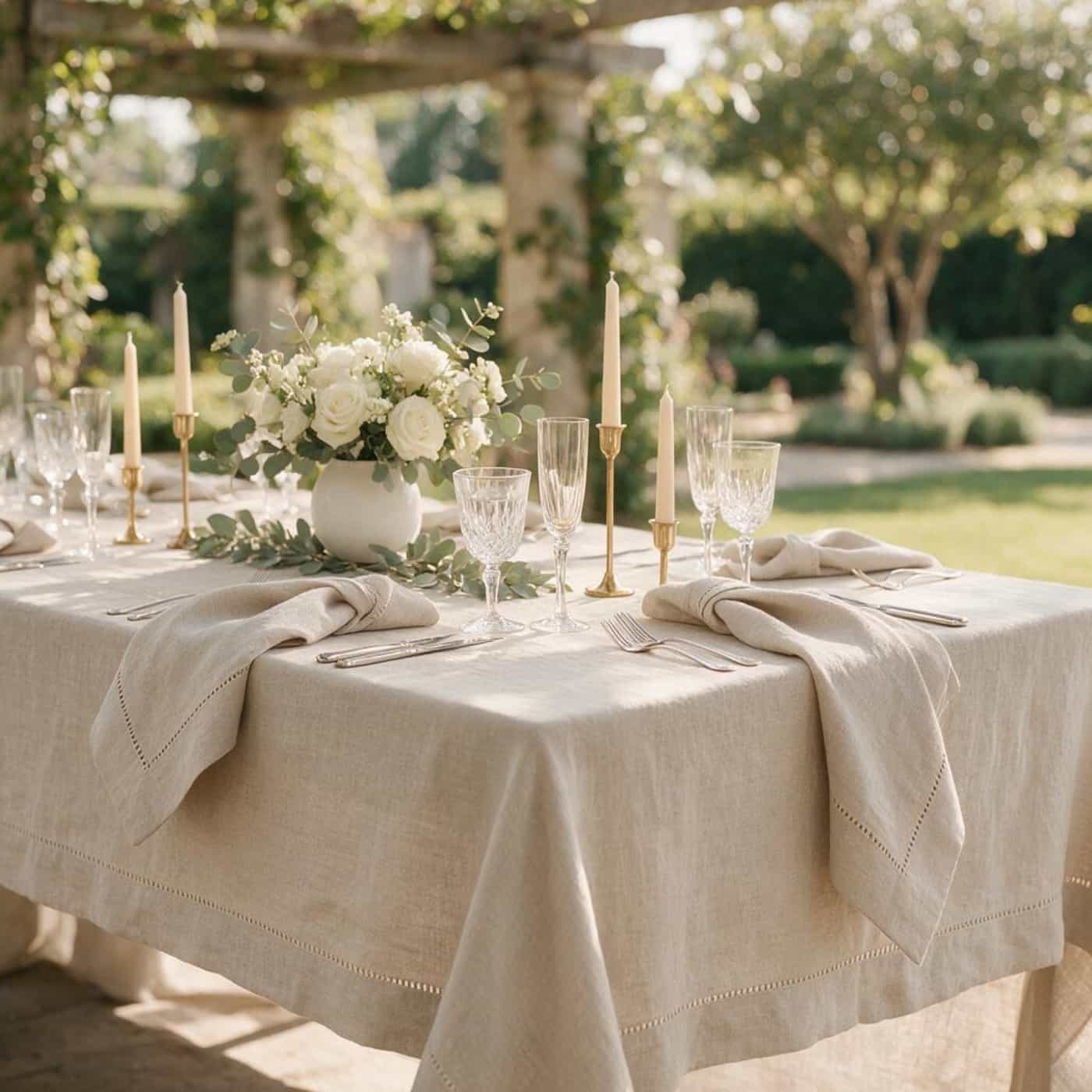 Elegant wedding table decoration featuring hemstitched linen napkins