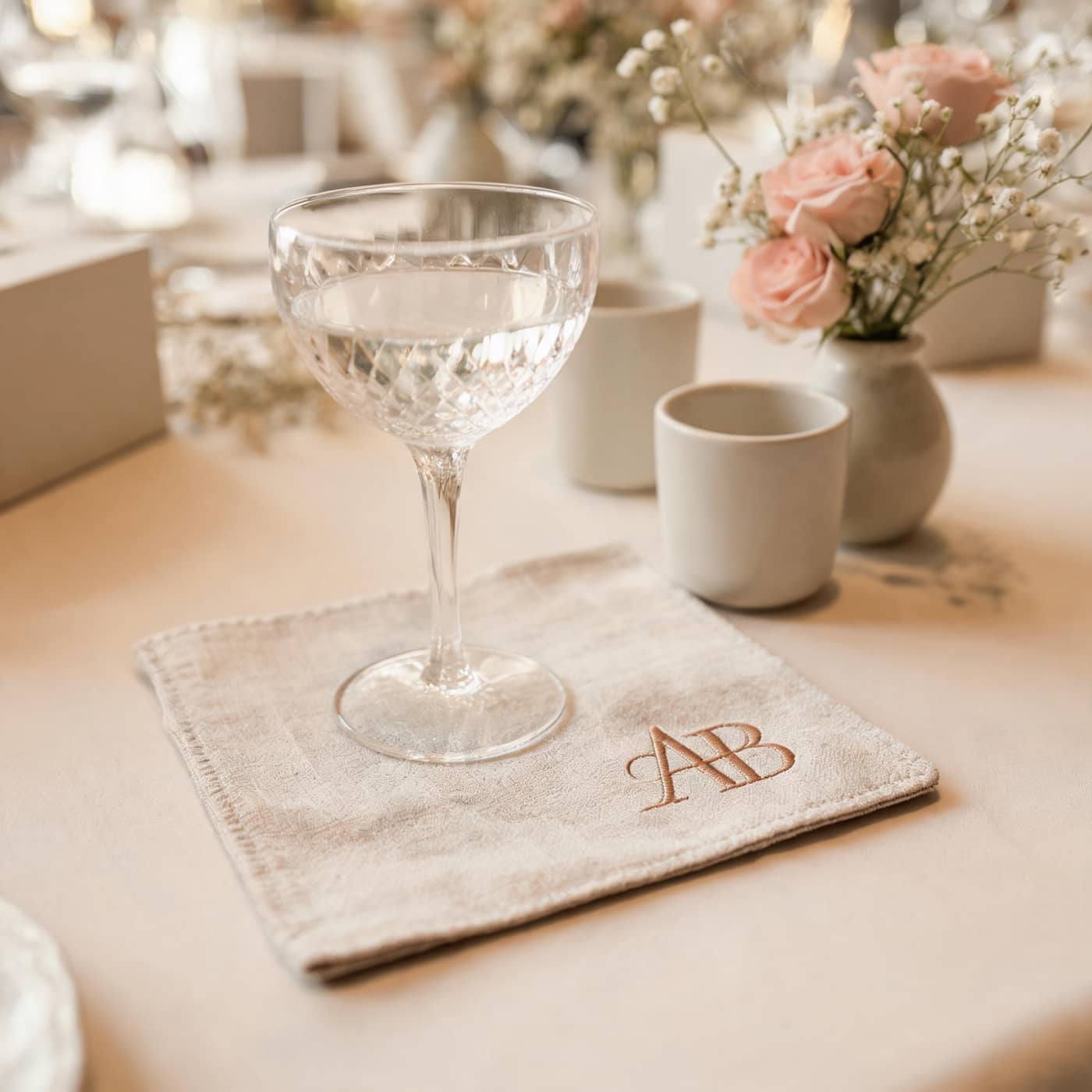 European linen coasters styled for elegant wedding and event tables