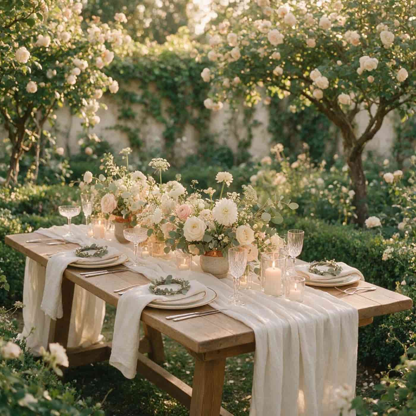 European linen table runner styled for an elegant wedding reception table