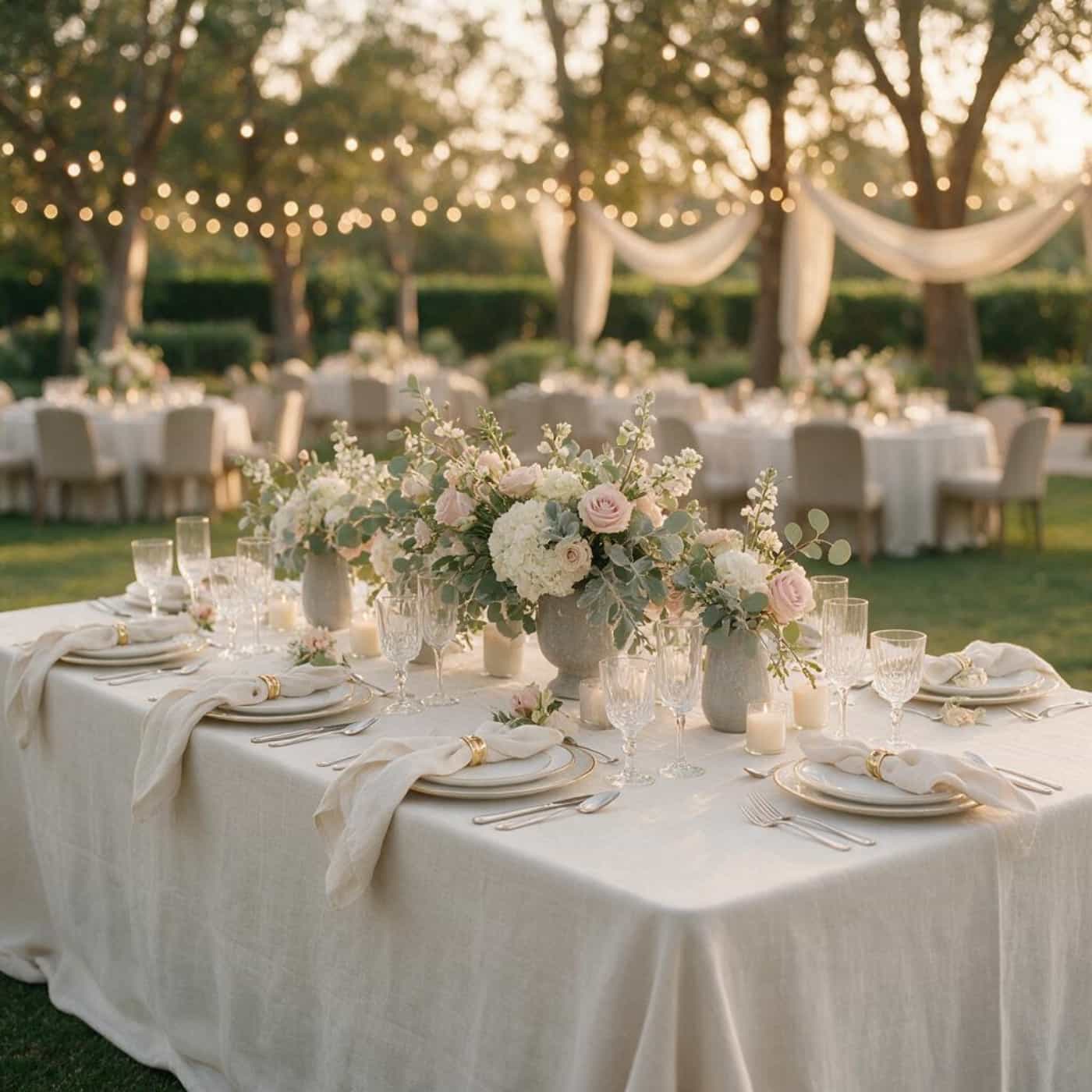 Elegant European linen tablecloth styled for luxury wedding reception tables