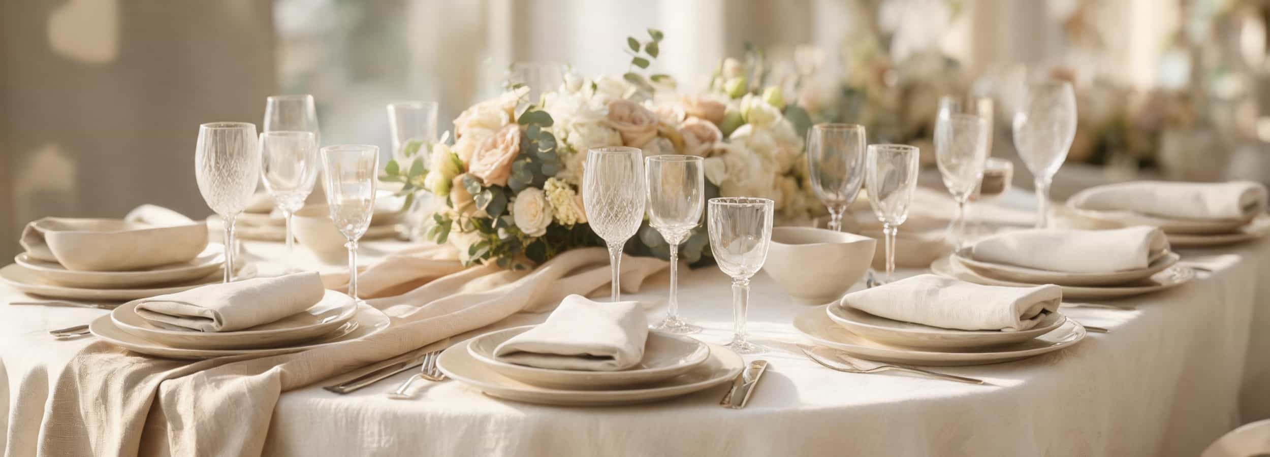 Luxury wedding reception table styled with premium European linen napkins, table runners and floral centerpiece