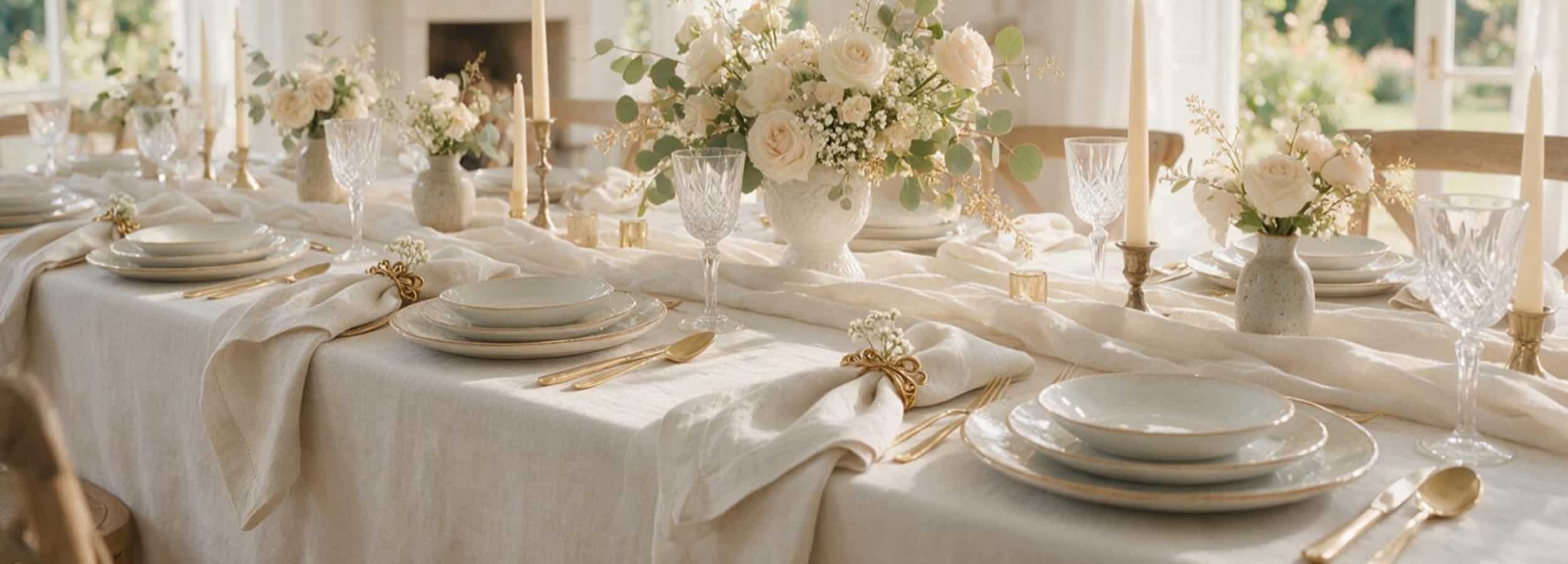 Luxury wedding reception table styled with premium European linen napkins, table runners and floral centerpiece