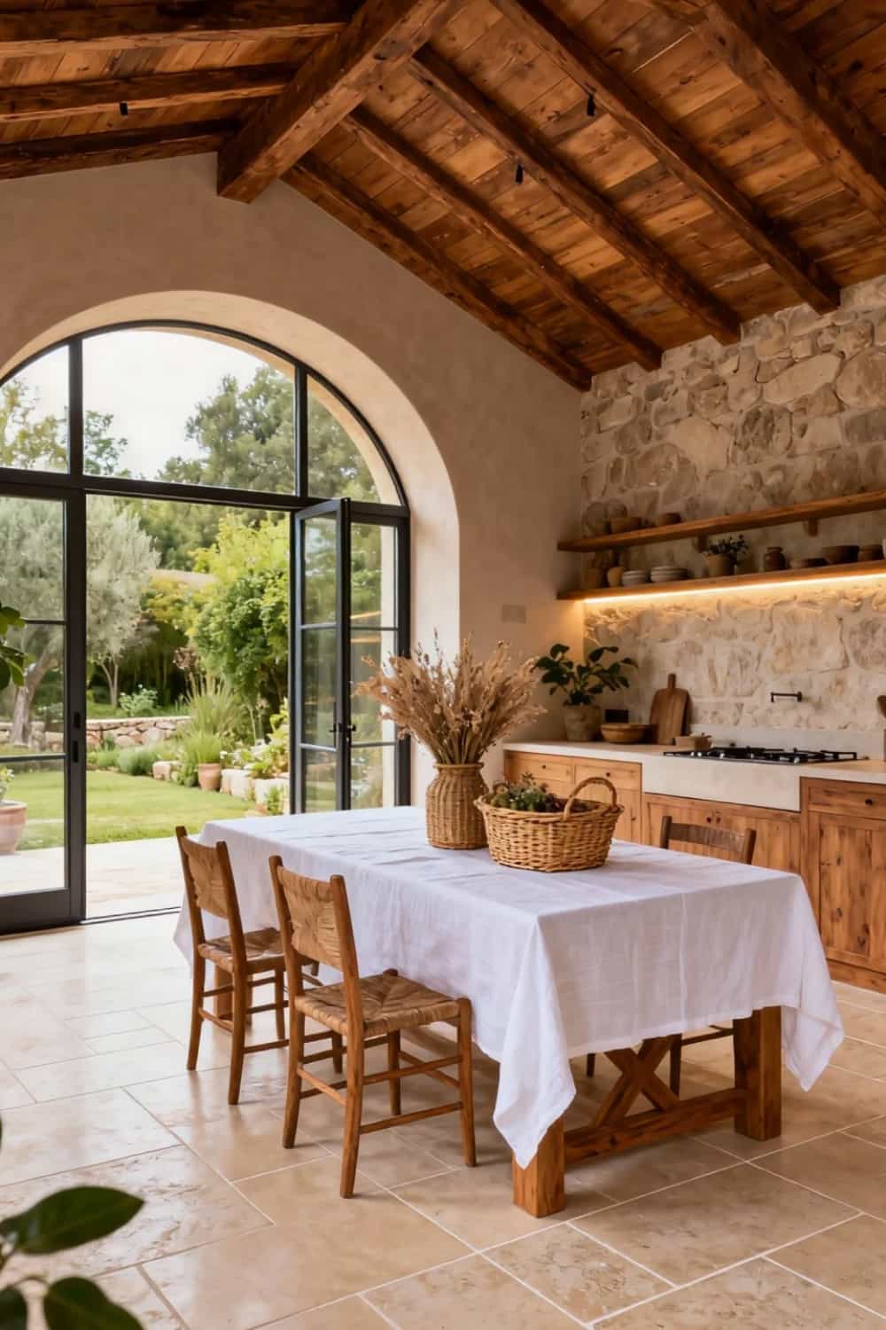 Crisp white linen tablecloth on a rustic farmhouse dining table in a stone-walled Tuscan kitchen with arched garden window