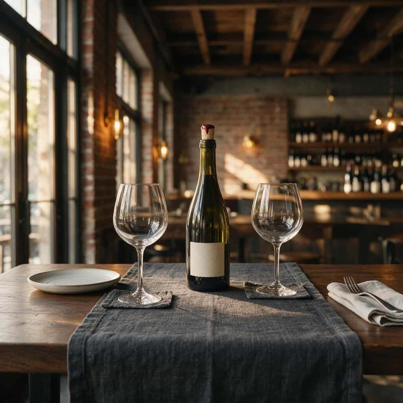 Natural linen placemats and table runner styled with red wine glasses and bottle in a warm restaurant setting
