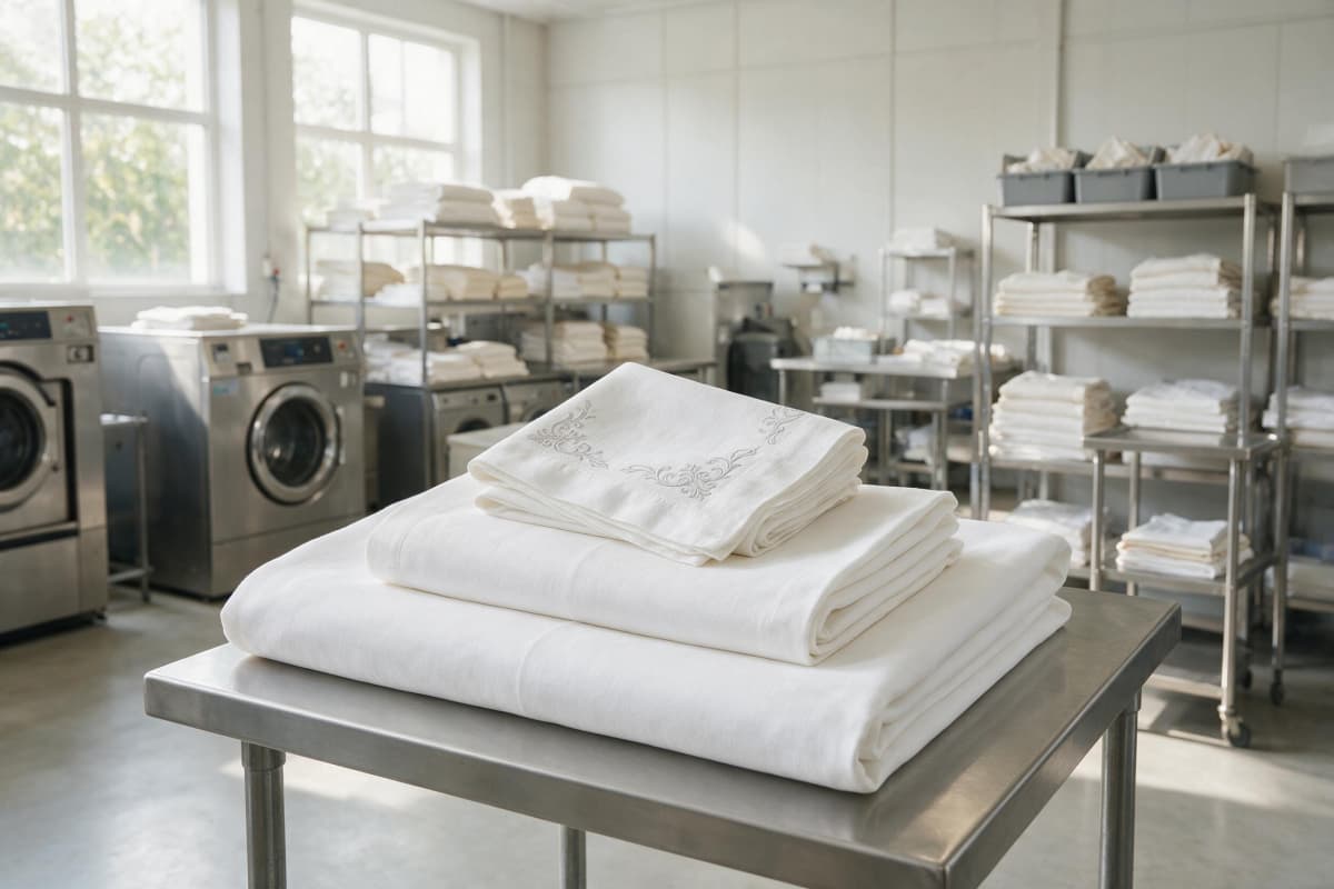 Restaurant staff folding freshly laundered European linen tablecloths in a commercial hospitality laundry, demonstrating proper linen care for restaurants.