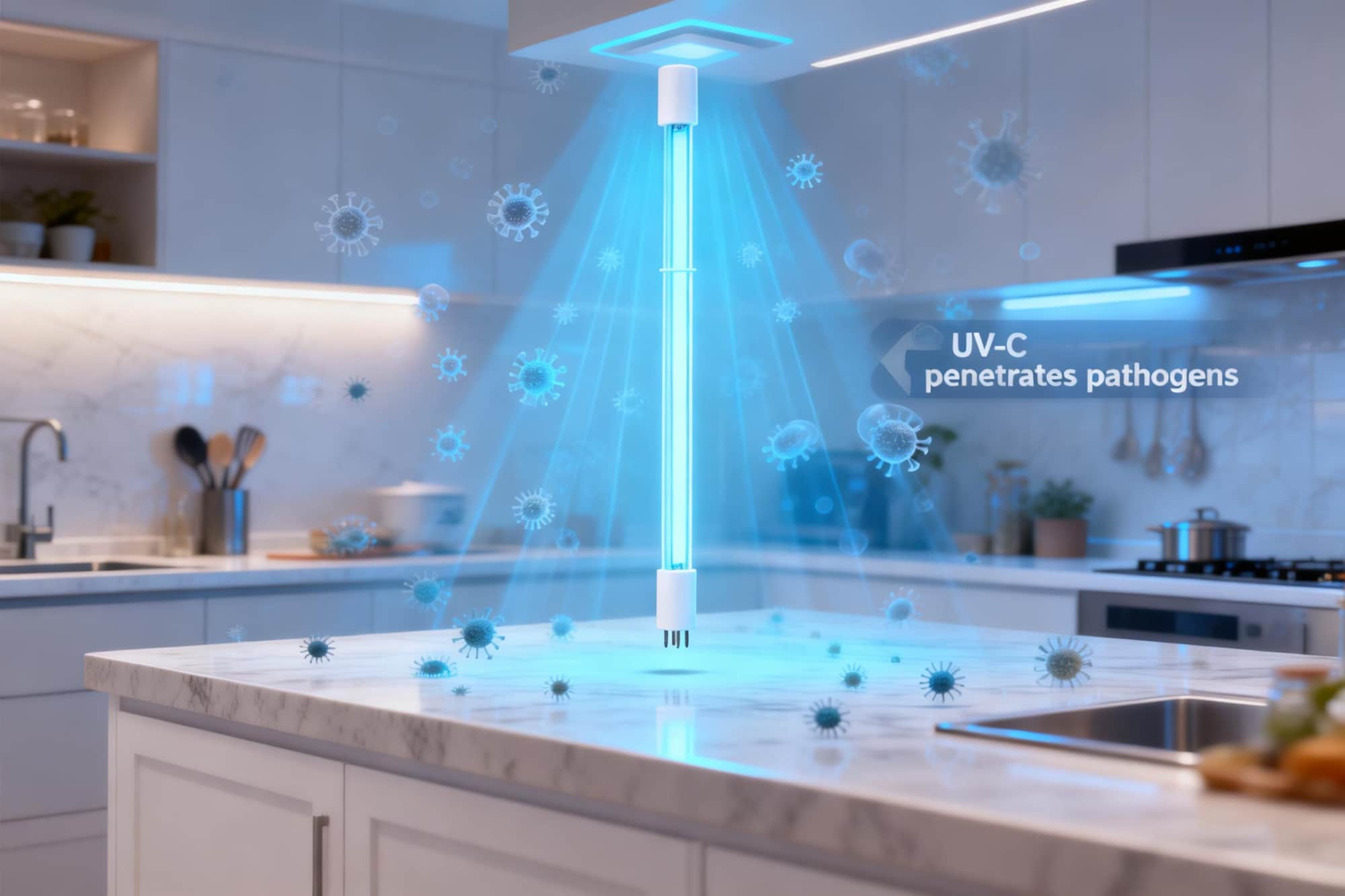 Illustration of UV-C light eliminating germs and viruses on surfaces and air inside a home food waste composter