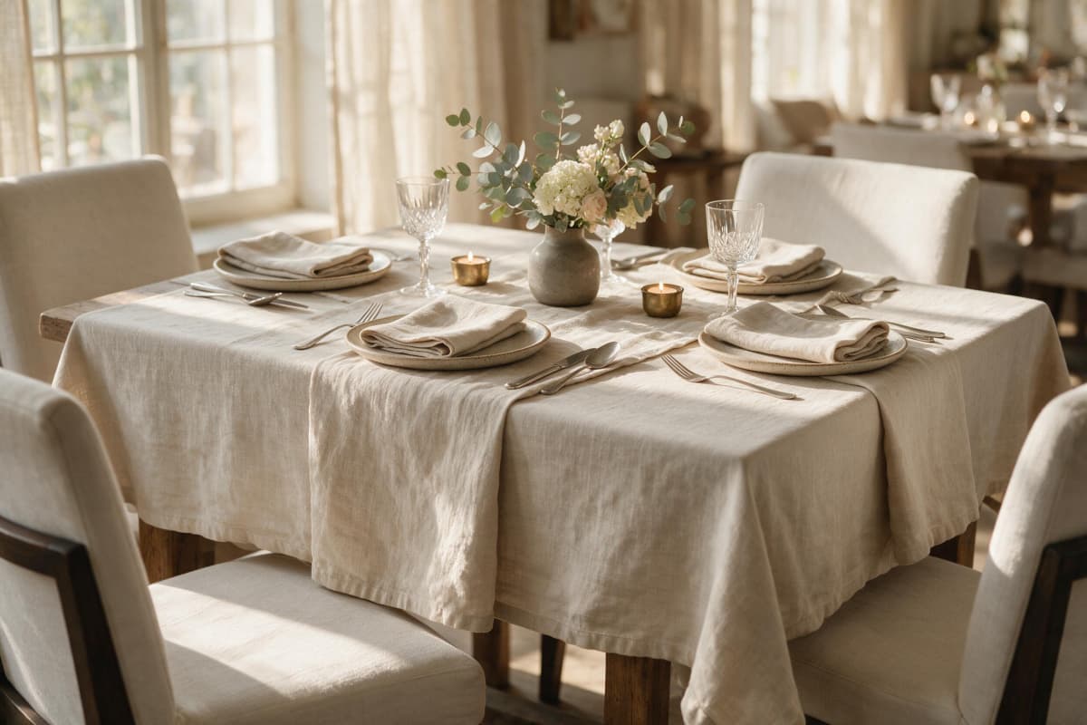 Premium European linen table textiles showcasing natural texture and dimensional stability.