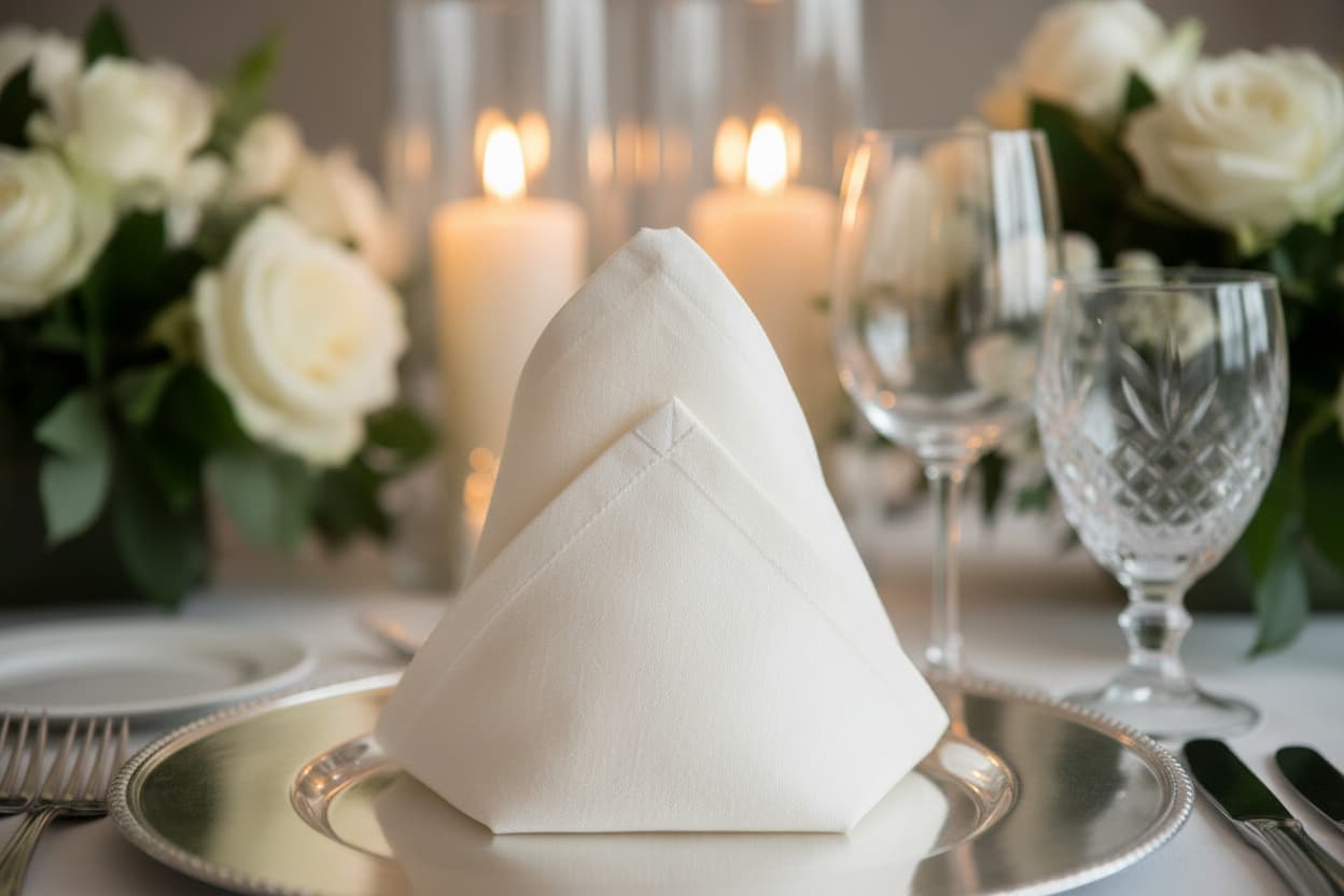 Ivory pure linen dinner napkin in classic pocket fold on silver charger plate for luxury wedding fine dining