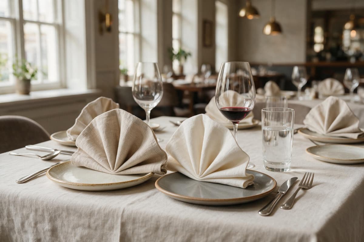 Premium European linen restaurant napkins styled on a luxury fine dining table.