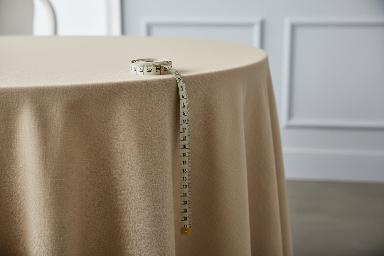 Linen tablecloth draped over a restaurant dining table showing a precise 10-inch drop, measured with a brass tape measure