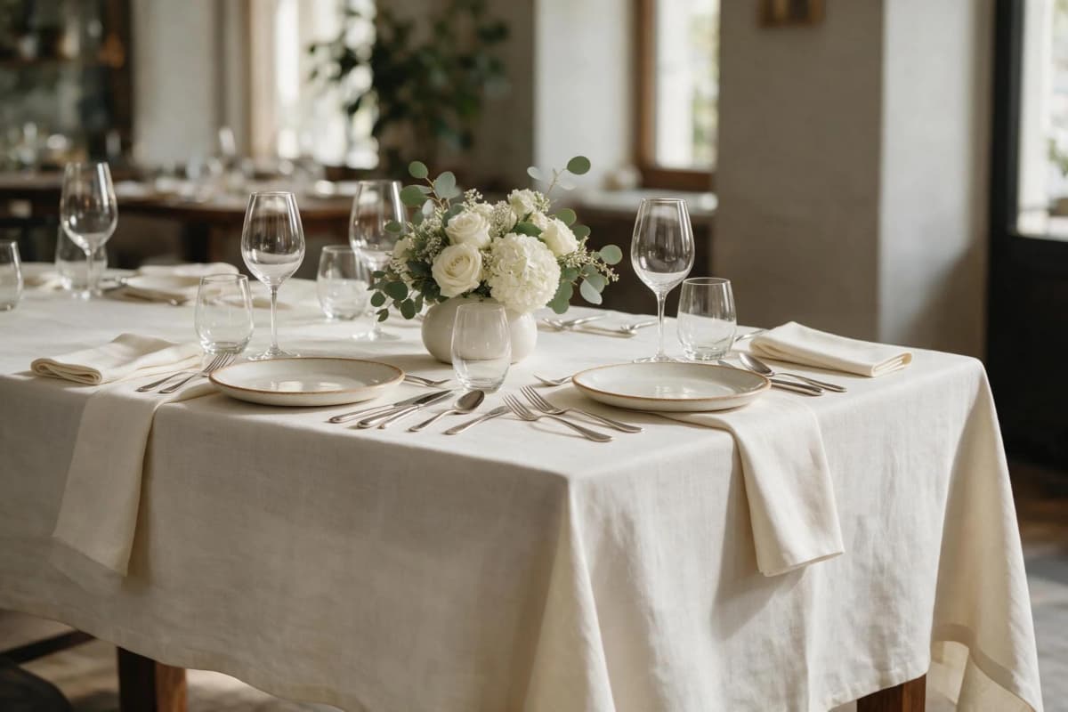 Premium European linen tablecloth styled on an elegant fine dining restaurant table.