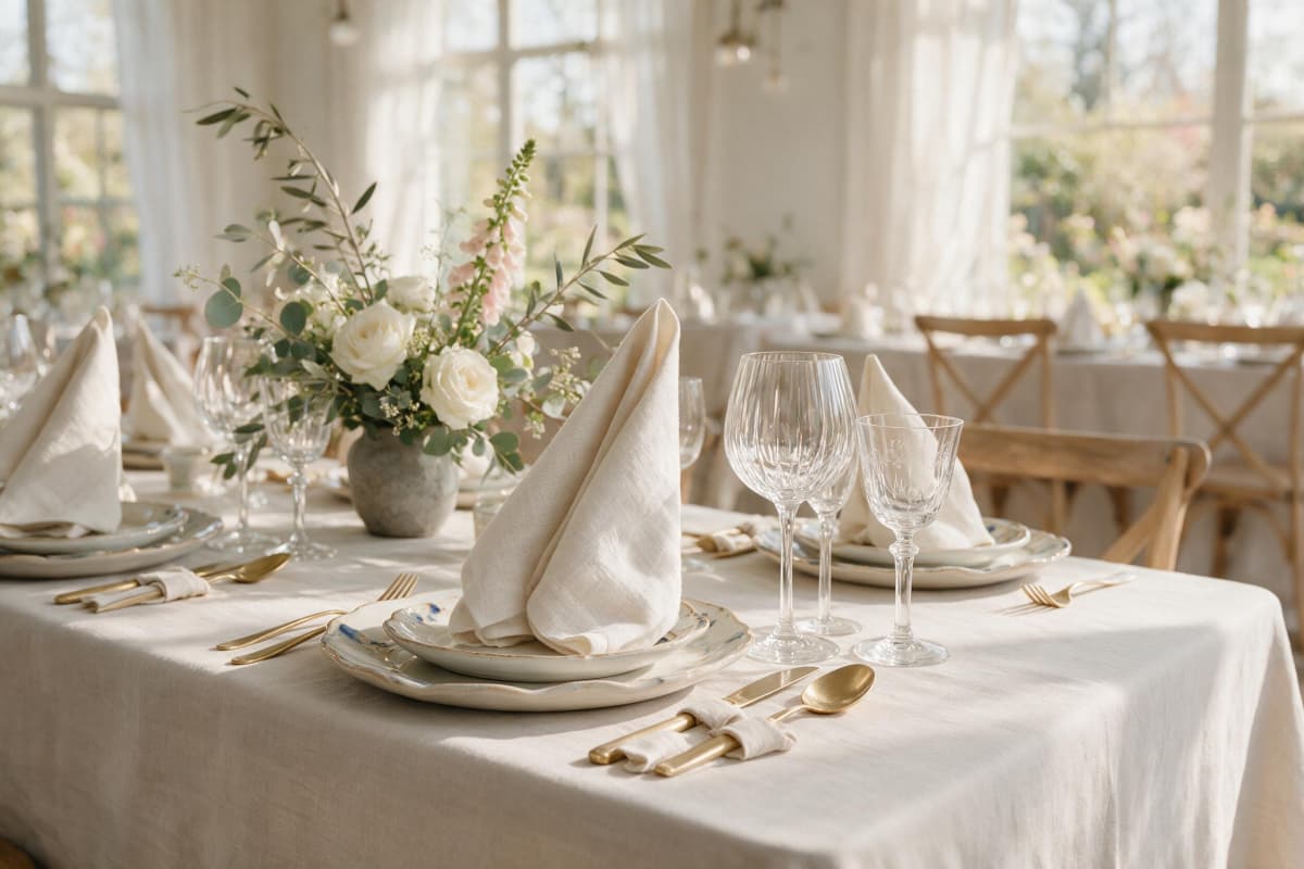 Premium European linen wedding napkins styled on an elegant luxury wedding reception table.