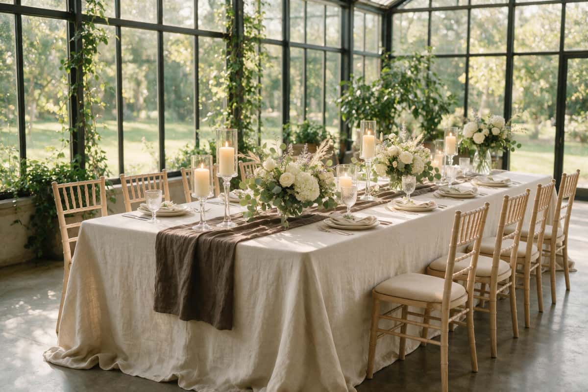 Luxury wedding reception table featuring a floor-length pure linen tablecloth and matching runner with warm candlelight.