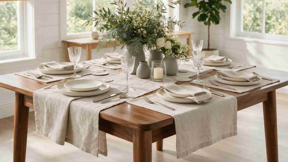European linen coasters used in a boutique restaurant table setting for hospitality brands.