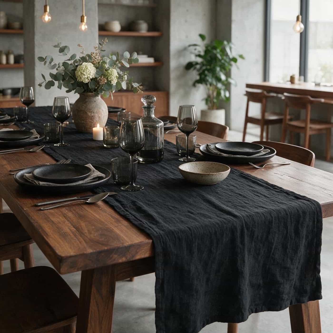 Black European linen table runner creating an elegant modern restaurant table setting