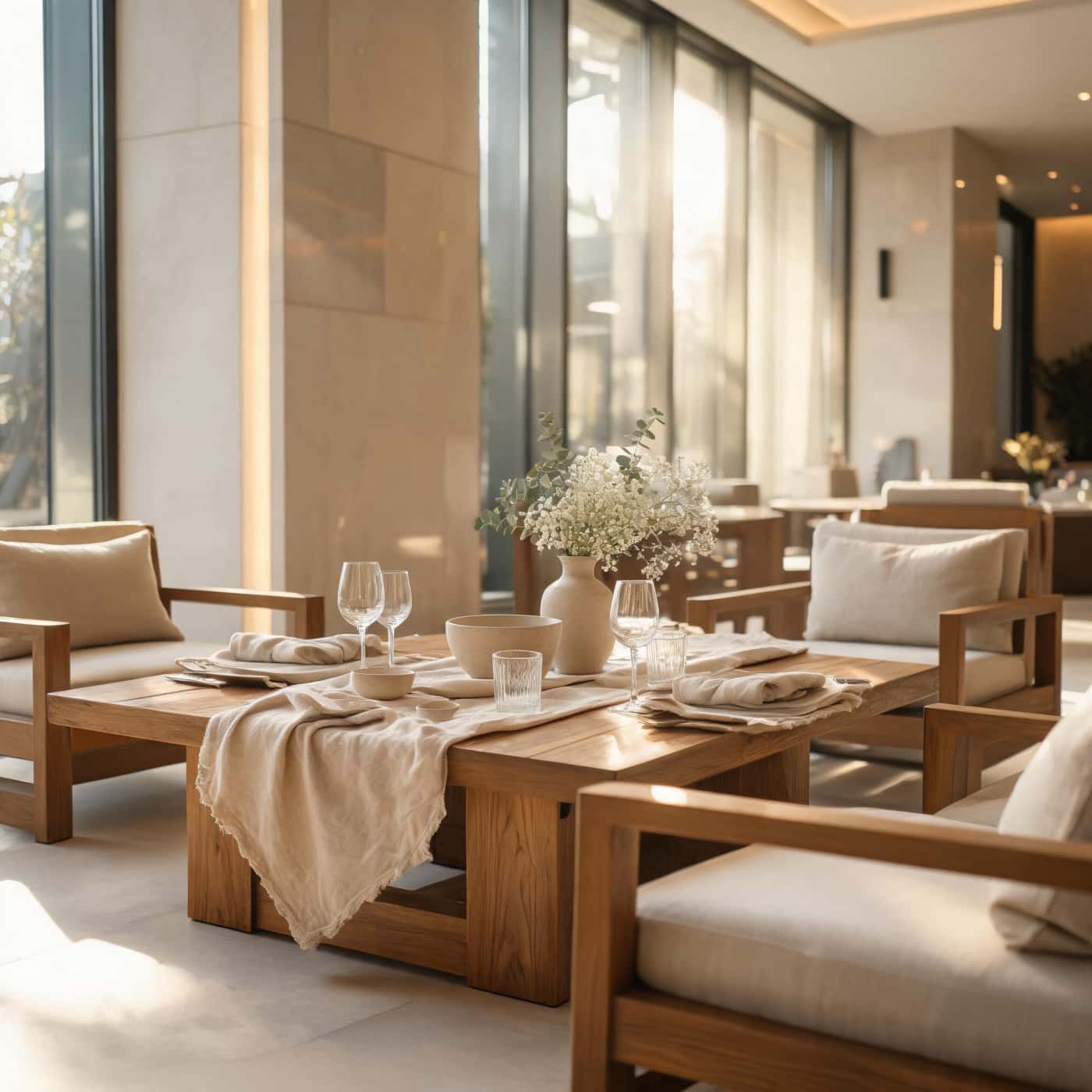 Elegant boutique hotel dining area with premium European linen table setting