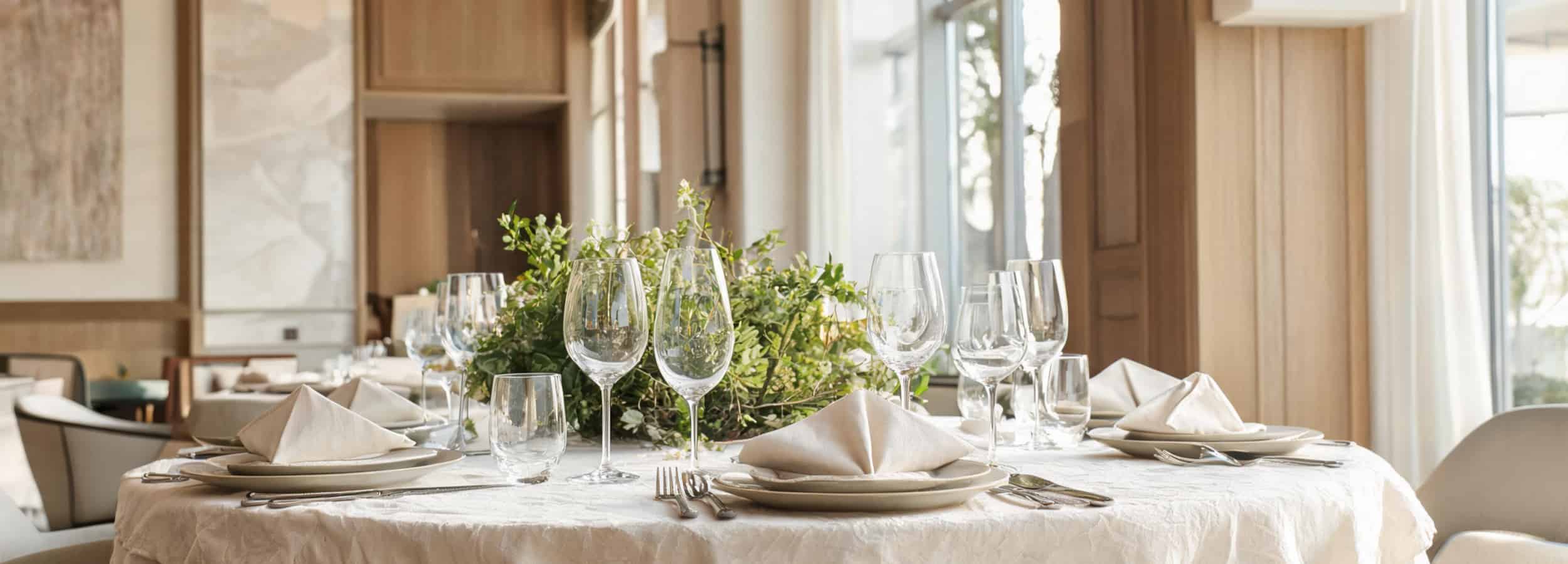Premium European linen table setting inside a boutique luxury hotel restaurant