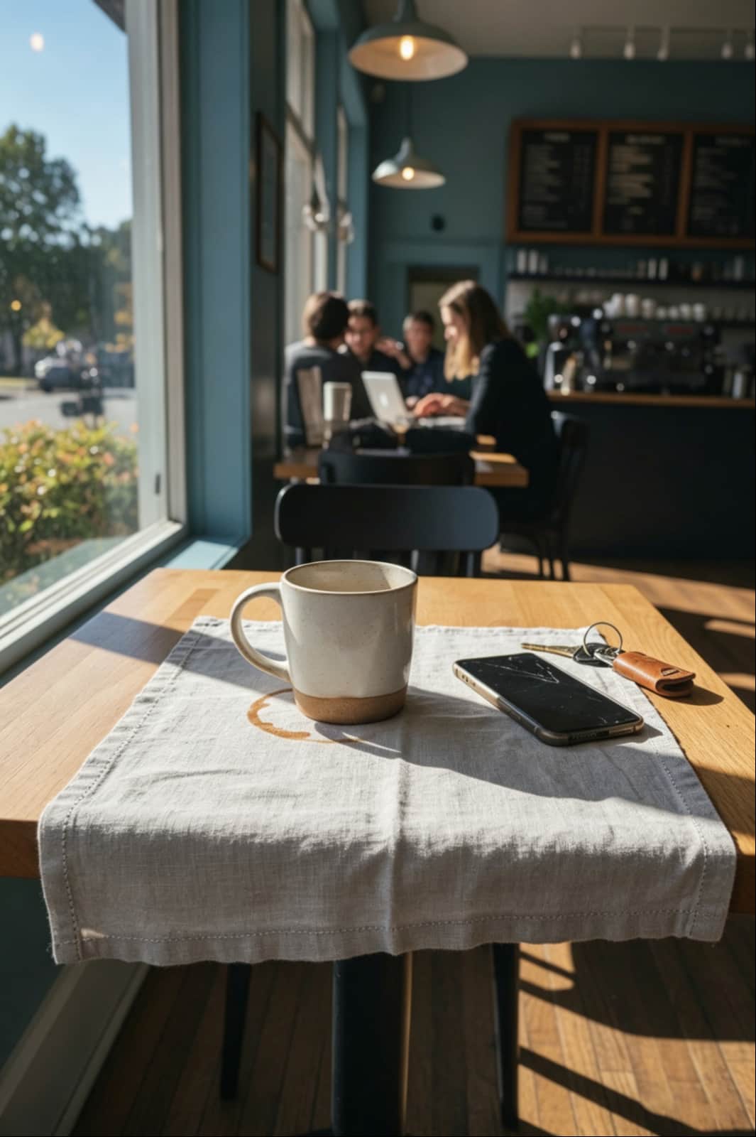 Linen placemat on cafe table with coffee cup, smartphone and keys in natural sunlight by window