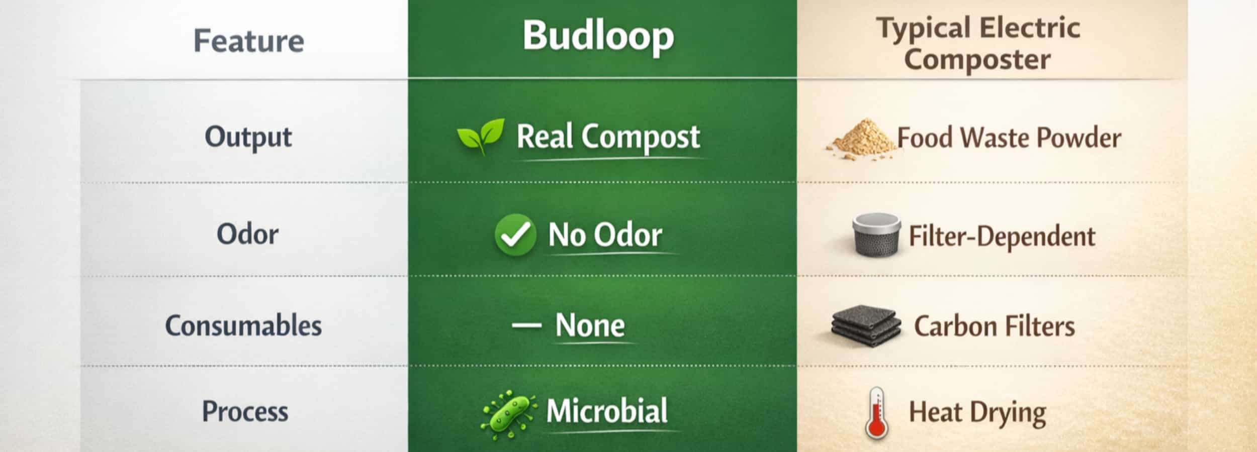 Comparison of Budloop real compost output versus typical electric composter producing food waste powder, with differences in odor, consumables, and process