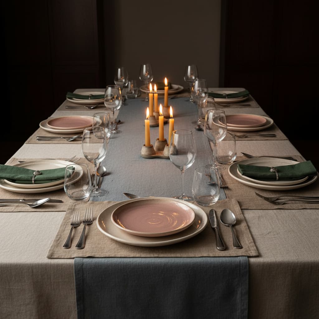 Full linen table setting with natural tablecloth, blue-grey table runner, natural placemats, green napkins, pink ceramic plates and candlelight in moody dark dining room