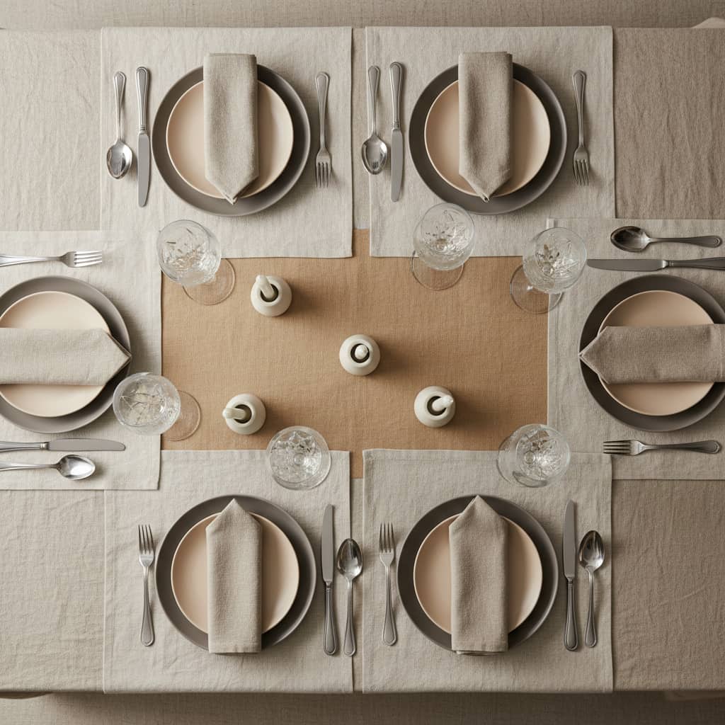 Overhead flat lay of complete linen table system with natural tablecloth, tan table runner, natural placemats and folded napkins with grey ceramic plates and silver cutlery