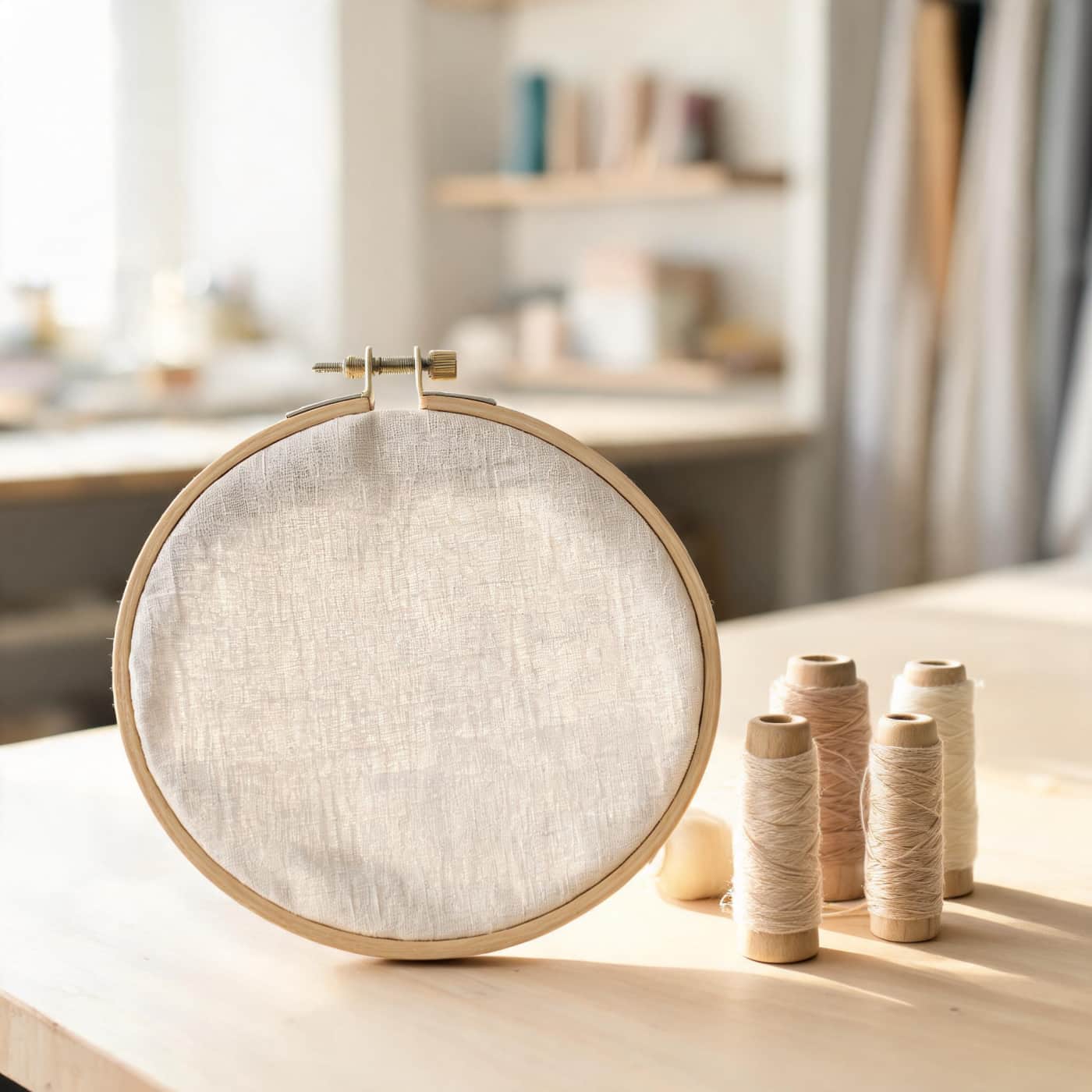 Professional embroidery studio working on premium linen napkins