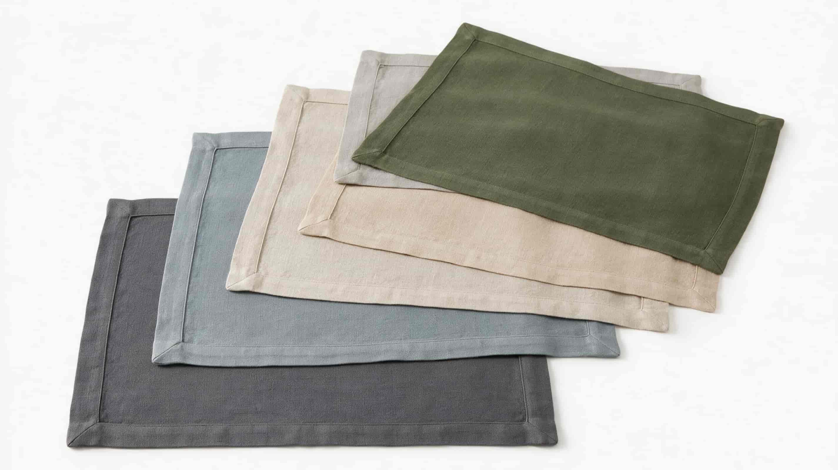 European linen placemats arranged in an elegant overlapping layout on a white background.