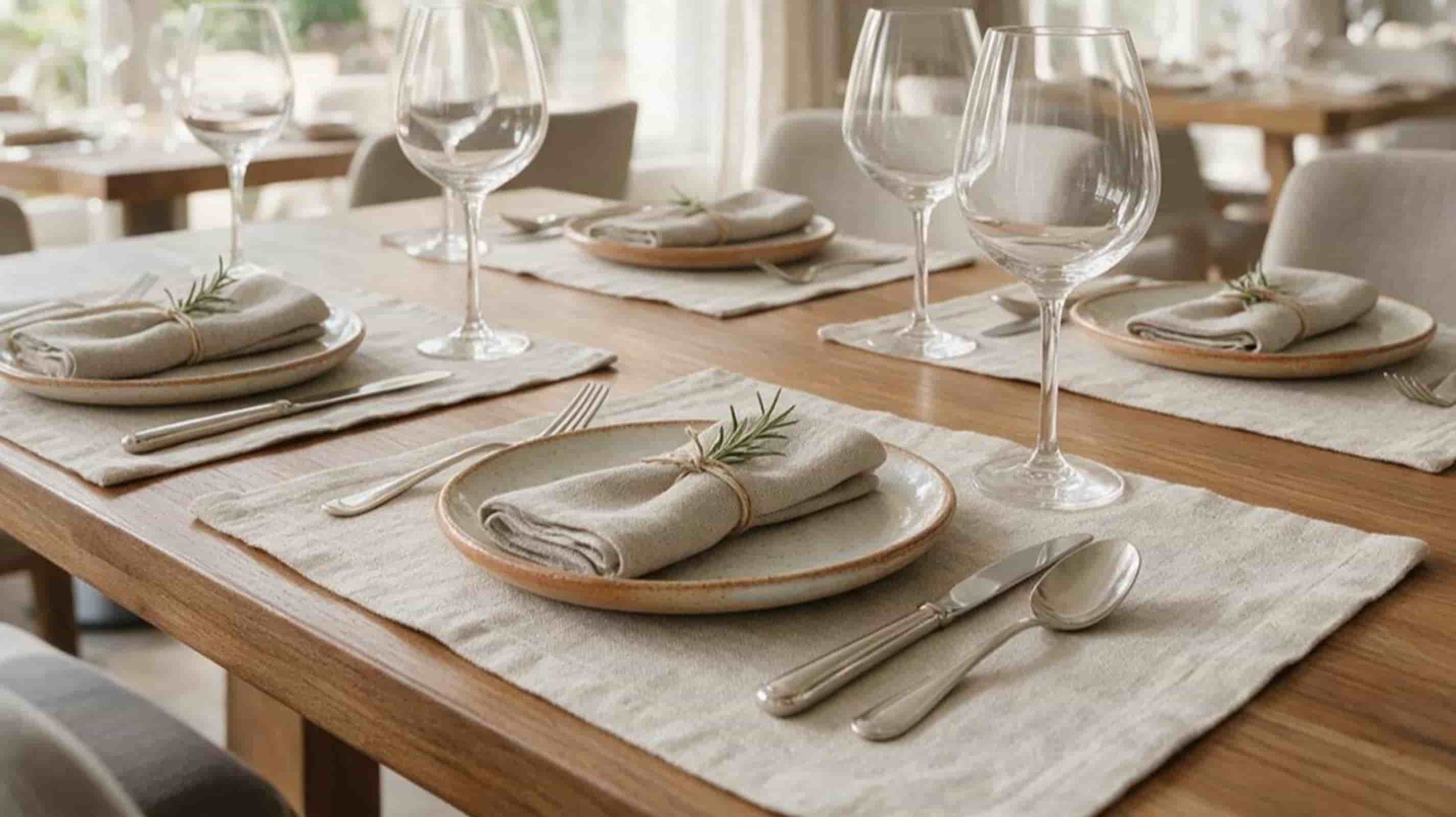 European linen placemats styled on a luxury restaurant table with ceramic plates and crystal wine glasses.
