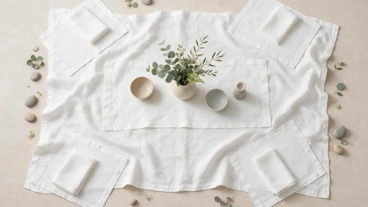 Complete European linen table linen collection including napkins, placemats, table runners, tablecloths and coasters.